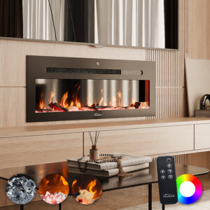 TroniTechnik Wandkamin Panorama Elektrokamin LED Flammeneffekt Elektrisch Timer 12 Farben inkl. Kristalle 900/1800W schwarz