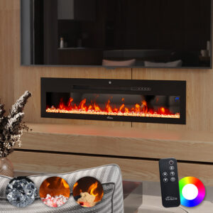 TroniTechnik Wandkamin Panorama Elektrokamin LED Flammeneffekt Elektrisch Timer 12 Farben inkl. Kristalle 900/1800W schwarz