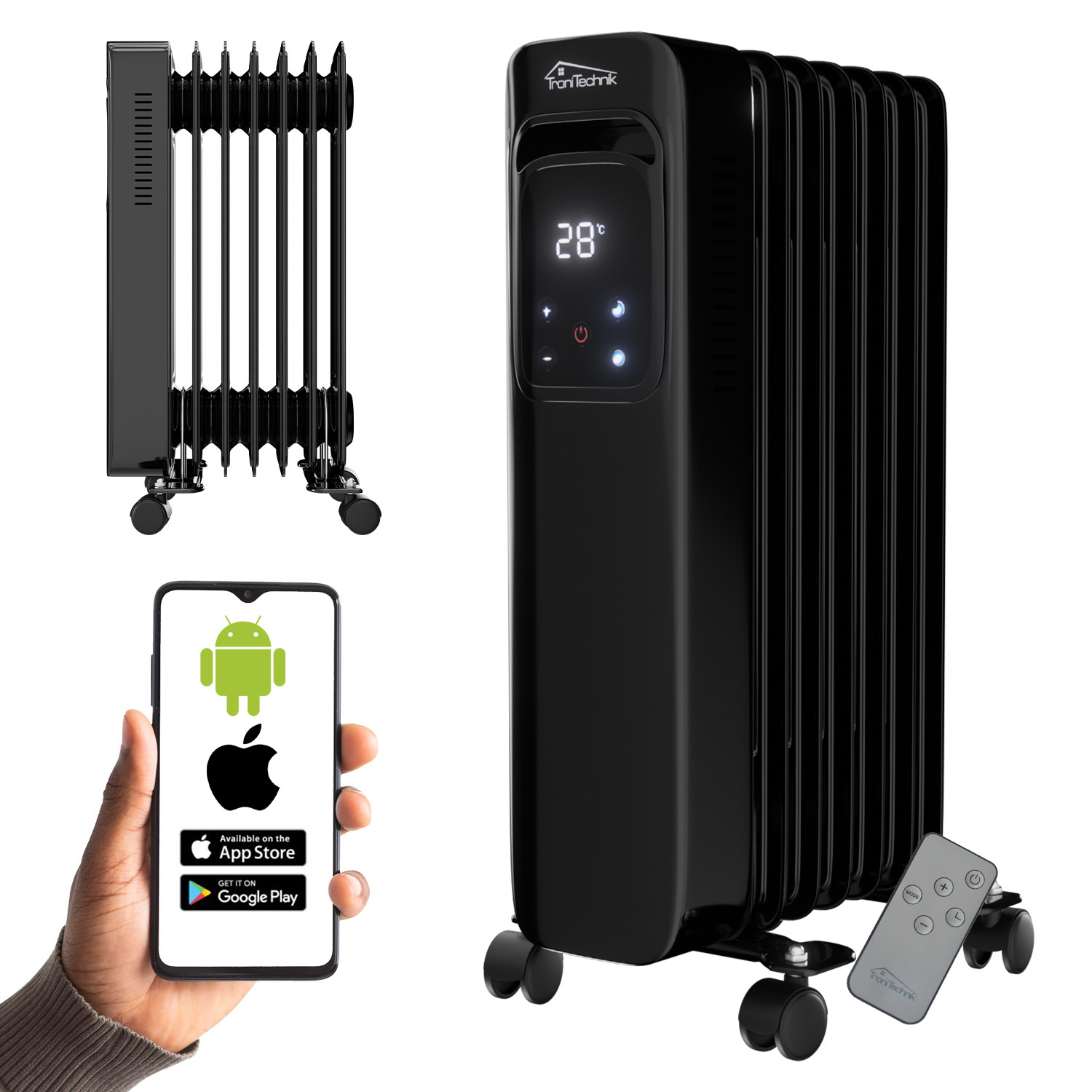 Ölradiator, Elektroheizung TT-OR 307 in schwarz mit 7 Rippen und 1500 Watt, drei Heizstufen, mit WiFi 1 Ölradiator, Elektroheizung TT-OR 307 in schwarz mit 7 Rippen und 1500 Watt, drei Heizstufen, mit WiFi